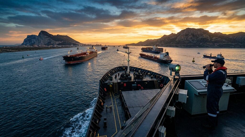 Bridge wing view of cargo ship approaching Strait of Hormuz at sunset