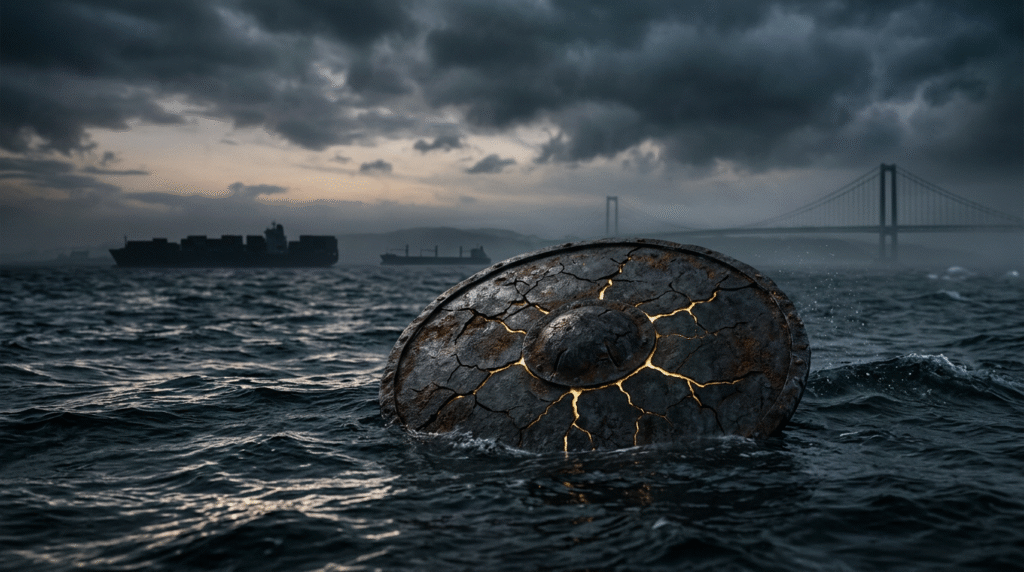 Cracked shield floating on dark ocean with ships and bridge in misty background, illustrating the erosion of shipowner limitation of liability protections
