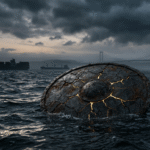 Cracked shield floating on dark ocean with ships and bridge in misty background, illustrating the erosion of shipowner limitation of liability protections