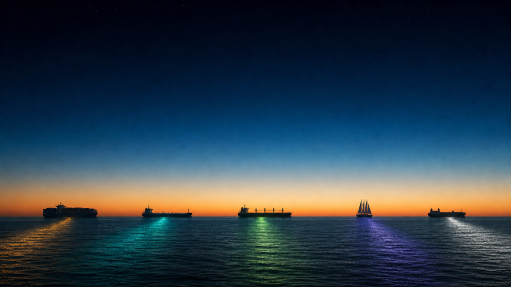 Silhouettes of merchant ships on the horizon at dawn, trailing coloured wakes representing different fuel pathways